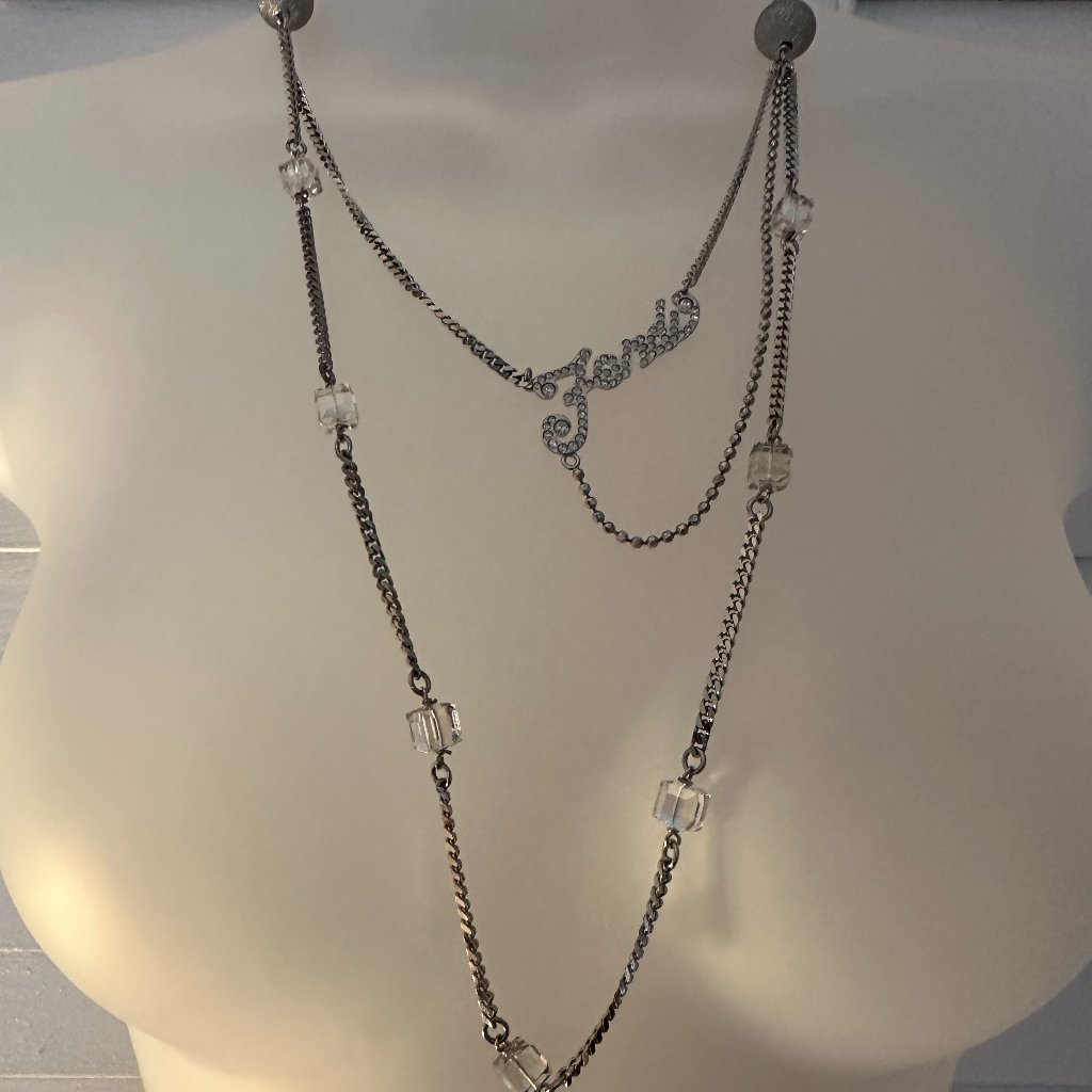 Fendi Crystal Logo Script Necklace Silver-Tone W/ Box & Dust Bag